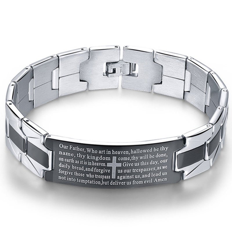 Bestdays Men's Vintage Stainless Steel Black Cross Silver English Bible Lords Prayer Religious Link Wrist Bracelet (cross middle, black silver, 7.9 inch) - Image 1